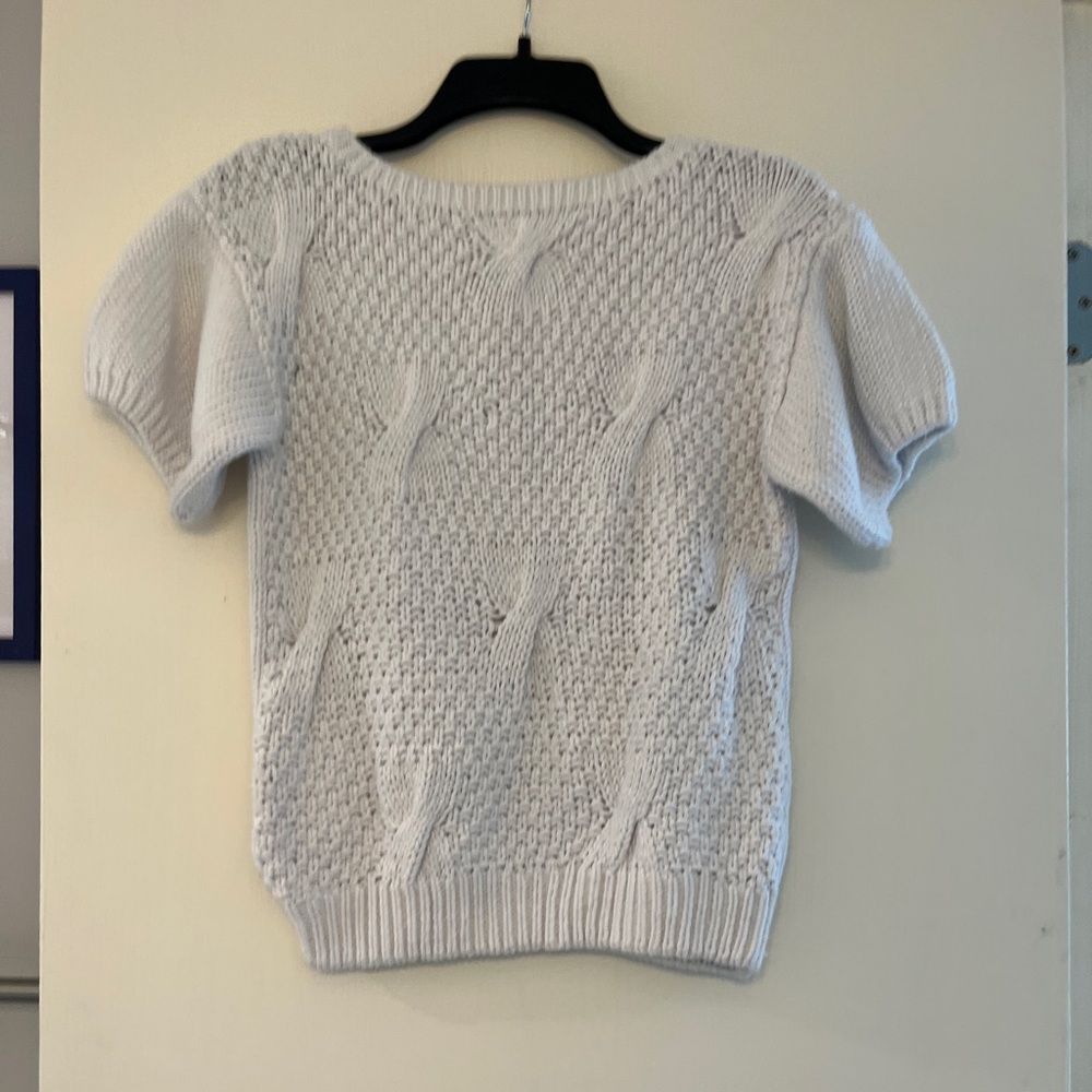 Vintage White Cable Knit Personal Petites Short Sleeve Sweater- Small